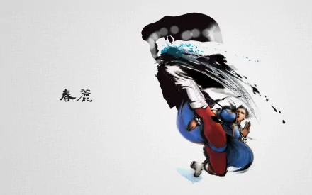 HD PC desktop wallpaper featuring Chun-Li from the Street Fighter video game series in a dynamic kicking pose with stylized brushstroke effects and Chinese characters.