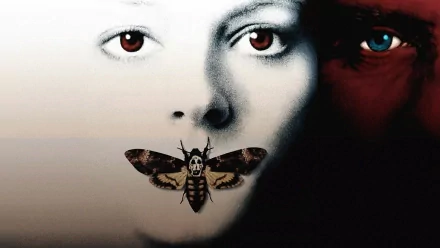 HD desktop wallpaper featuring a close-up from the movie The Silence of the Lambs, showing a face with a moth covering the mouth and a shadowed profile.
