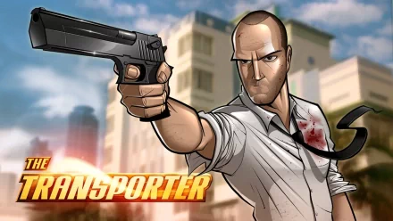 HD desktop wallpaper featuring an animated character from The Transporter holding a gun, with a backdrop of buildings.