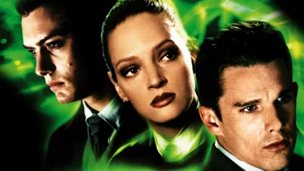 HD wallpaper featuring three intense characters from the movie Gattaca, set against a green, patterned backdrop.