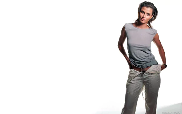 HD PC desktop wallpaper featuring celebrity Bridget Moynahan posing confidently against a white background.