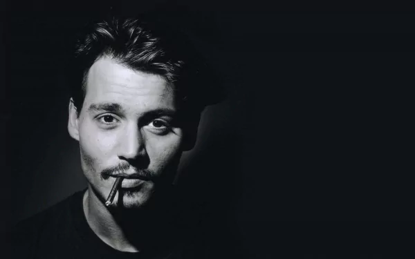 A striking black-and-white HD wallpaper featuring Johnny Depp, showcasing his charismatic presence with a cigarette in his mouth against a dark background.