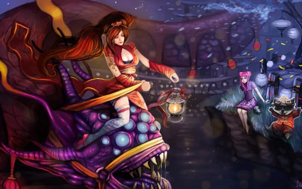 A colorful 4K Ultra HD image featuring Annie, Sona, and Teemo from League of Legends, set against a vibrant fantasy background with lanterns and a whimsical creature.