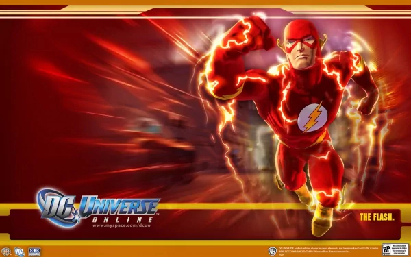 2K Quad HD PC desktop wallpaper: The Flash from the DC Universe Online video game racing forward with red lightning trails and motion blur, game logo at bottom left.