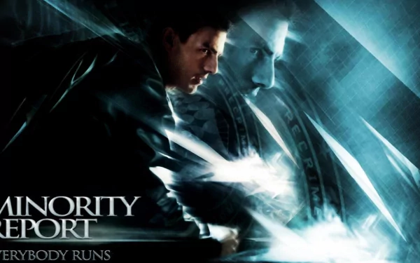 HD desktop wallpaper of Minority Report with a dynamic image of the protagonist in action, underscored by the tagline Everybody Runs.