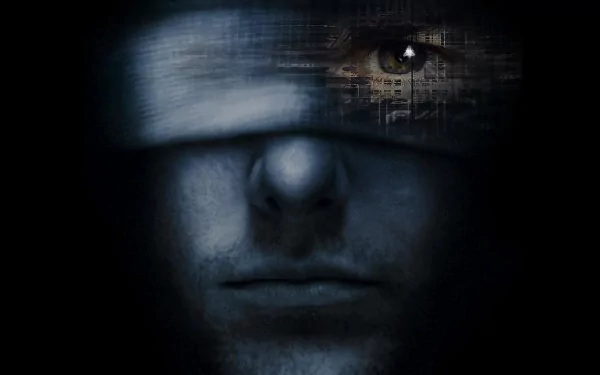 HD wallpaper featuring a close-up from Minority Report with a man's face partly obscured by digital imagery.