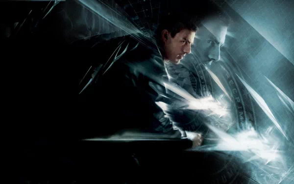 HD desktop wallpaper featuring a dramatic scene from Minority Report with a figure interacting with futuristic technology.