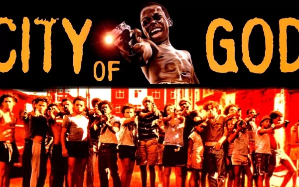 HD desktop wallpaper featuring City of God movie title and an expressive group of characters against a reddish backdrop.
