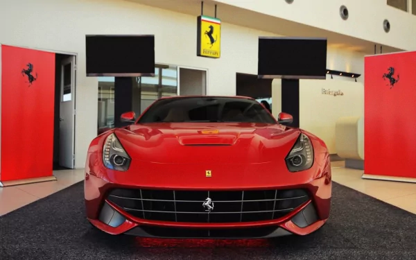 Red Ferrari F12berlinetta on display, showcased as a high-definition desktop wallpaper and background.