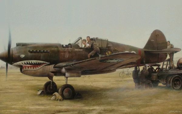 A detailed HD desktop wallpaper featuring a military aircraft, showcasing a vintage plane with crew members preparing for flight in a rugged outdoor setting.