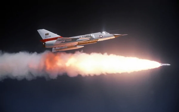 Convair F-106 Delta Dart military jet firing a rocket with a bright plume across a dark sky — 2K Quad HD PC desktop wallpaper background