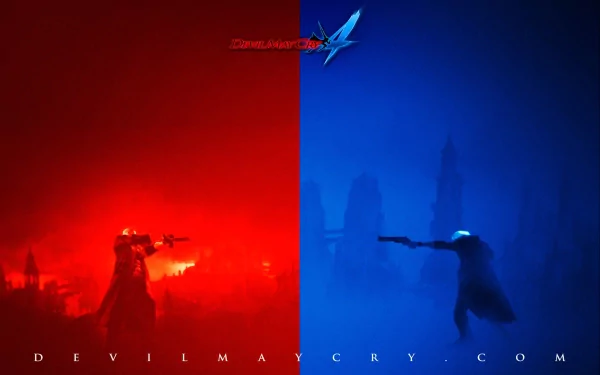 Dynamic HD wallpaper from Devil May Cry 4, featuring a striking split scene in red and blue, showcasing iconic characters in an atmospheric, action-packed setting.