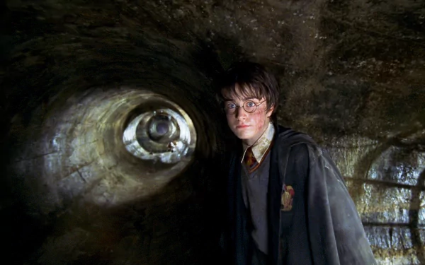 Harry Potter stands in the Chamber of Secrets in this HD wallpaper, with a mysterious tunnel in the background.