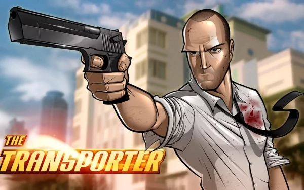 HD desktop wallpaper featuring an animated character from The Transporter holding a gun, with a backdrop of buildings.