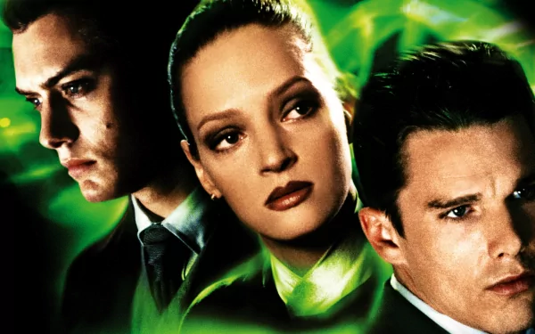 HD wallpaper featuring three intense characters from the movie Gattaca, set against a green, patterned backdrop.