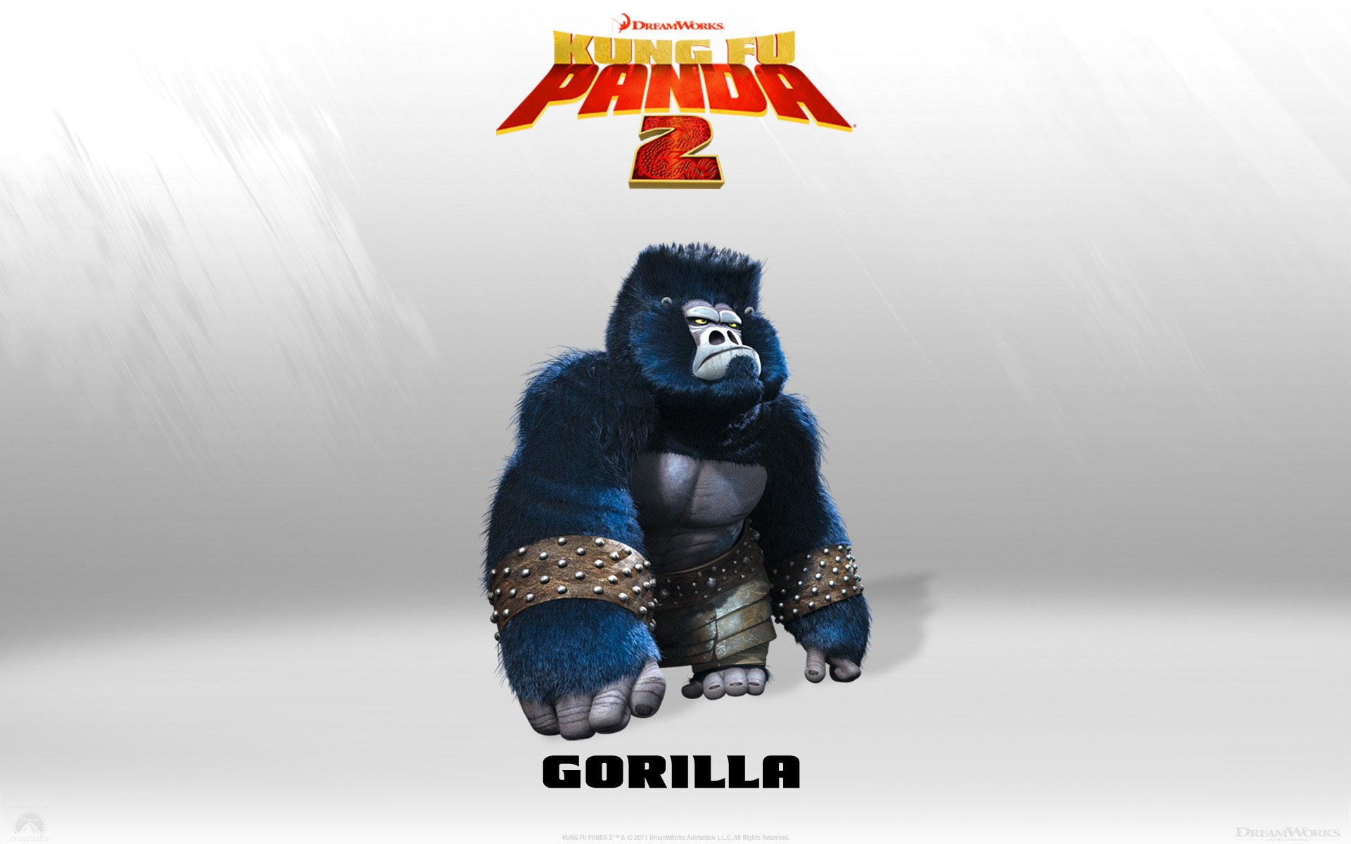 HD PC desktop wallpaper of Master Gorilla from the Kung Fu Panda movie (Kung Fu Panda 2): muscular blue gorilla warrior centered beneath the Panda 2 logo.