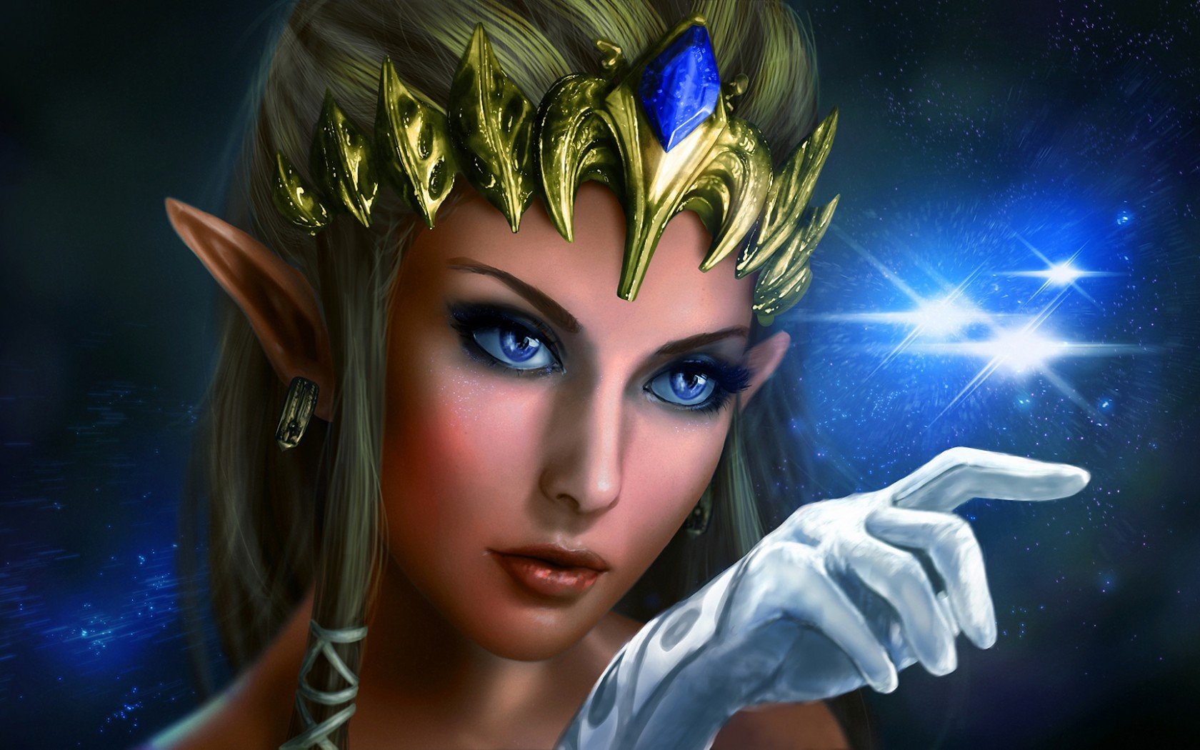 HD PC desktop wallpaper featuring a detailed, realistic portrayal of Princess Zelda from the video game The Legend of Zelda, showcasing her with a glowing blue light.