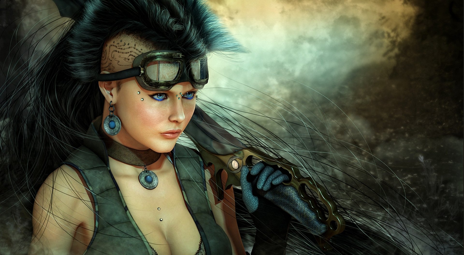 HD fantasy desktop wallpaper depicting a fierce woman warrior with striking blue eyes, wearing goggles and tribal armor, set against a moody, smoky background.