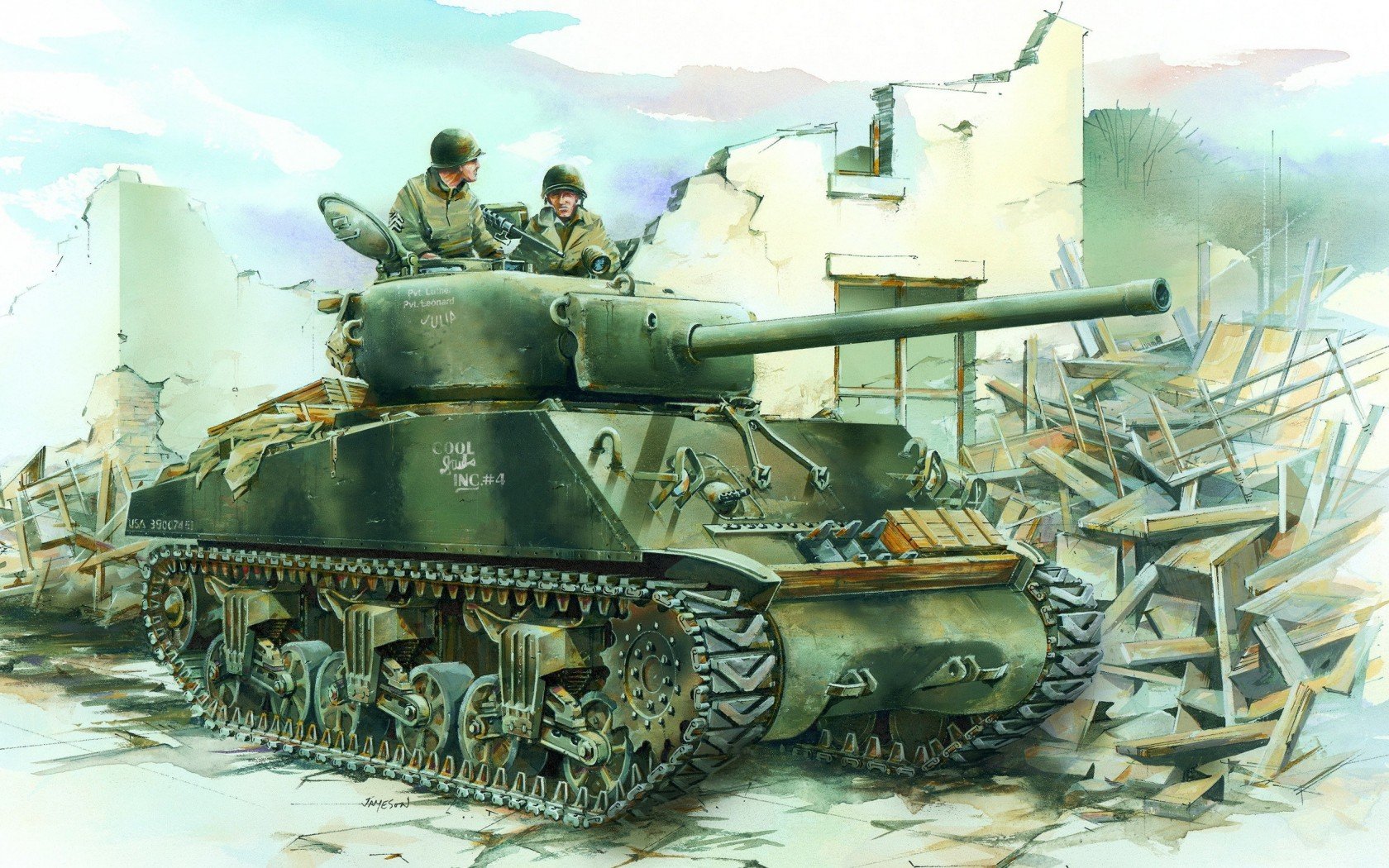 HD PC desktop wallpaper featuring a military tank with two soldiers amidst urban ruins, showcasing detailed armored tracks and a long barrel in a combat setting.