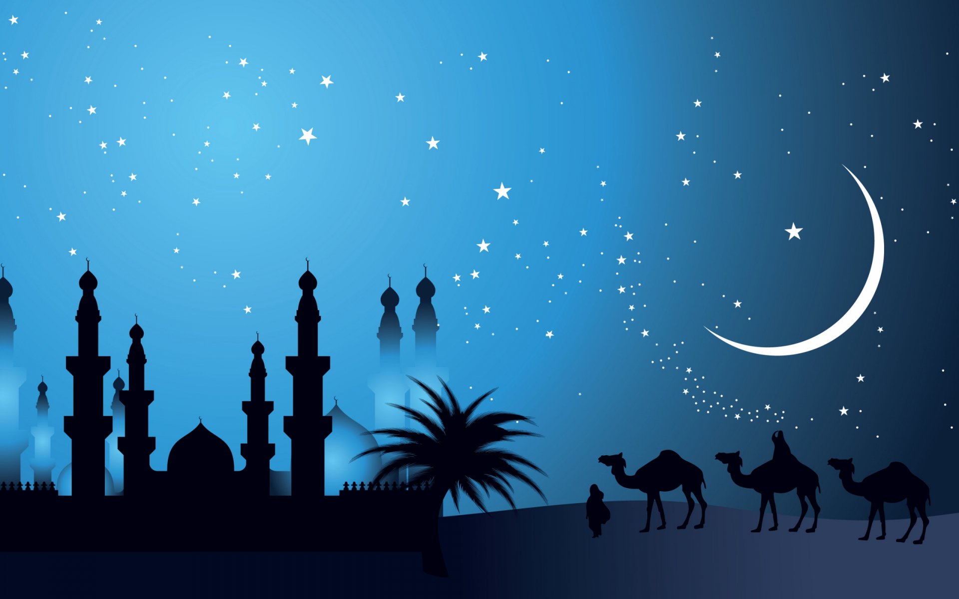 A serene artistic vector image featuring a nighttime desert scene, complete with silhouettes of a mosque, palm trees, camels, and a crescent moon against a starry blue background.