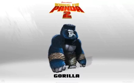 HD PC desktop wallpaper of Master Gorilla from the Kung Fu Panda movie (Kung Fu Panda 2): muscular blue gorilla warrior centered beneath the Panda 2 logo.