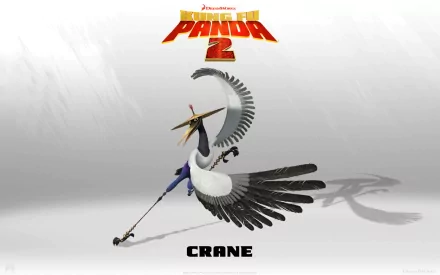 HD PC desktop wallpaper featuring Crane from the movie Kung Fu Panda 2, showcasing the character in a dynamic martial arts pose with the film's logo above.