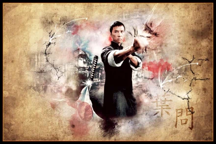 A dynamic HD wallpaper featuring a character from the movie Ip Man, showcasing martial arts action against a textured, artistic background.