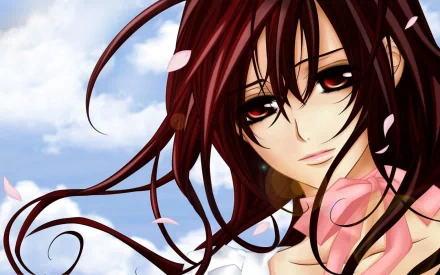 A striking HD anime wallpaper featuring a character from Vampire Knight, with flowing dark hair, expressive eyes, and soft petals fluttering in a bright sky backdrop.