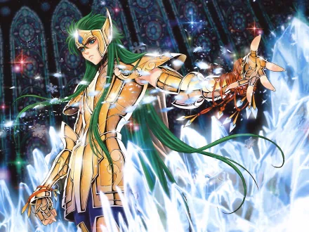 HD wallpaper featuring Aquarius Camus from the anime Saint Seiya, showcasing his golden armor and flowing green hair against a mystical, luminous background.