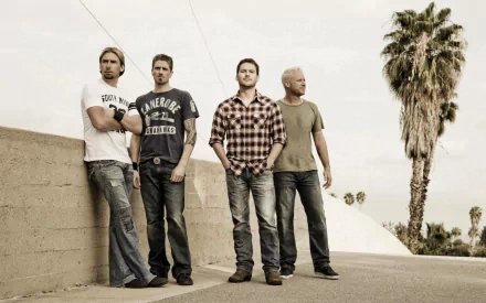 HD PC desktop wallpaper showing four men leaning against a concrete wall with palm trees, a sunlit, gritty rock-band portrait for a music-themed desktop background.