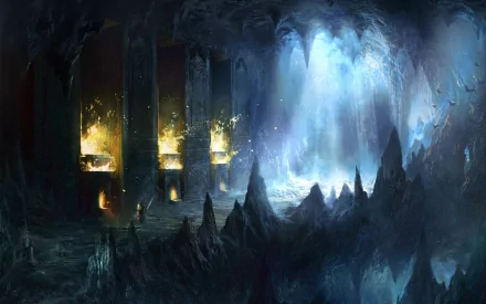 HD PC desktop wallpaper featuring a dark, mystical cavern scene from the video game Age of Conan, with illuminated pillars and rugged rock formations.