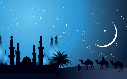 A serene artistic vector image featuring a nighttime desert scene, complete with silhouettes of a mosque, palm trees, camels, and a crescent moon against a starry blue background.
