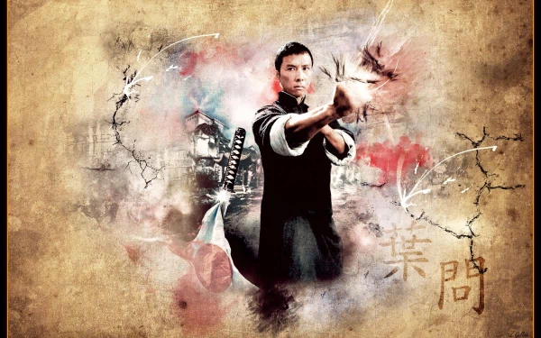 A dynamic HD wallpaper featuring a character from the movie Ip Man, showcasing martial arts action against a textured, artistic background.