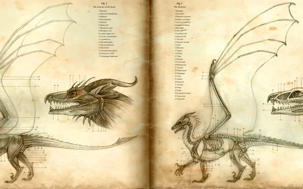 8K Ultra HD fantasy creature wallpaper showcasing detailed dragon anatomy sketches on aged parchment, blending mythical art with scientific illustration style.