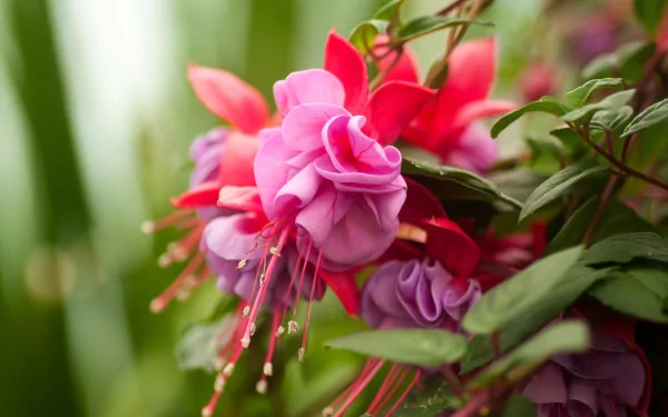 Vibrant fuchsia flowers with layered petals and green leaves in a close-up nature shot, captured in HD for a vivid PC desktop wallpaper background.