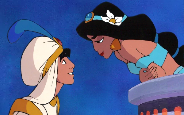 HD desktop wallpaper featuring Aladdin and Jasmine from the 1992 movie Aladdin, captured in a close, animated scene against a deep blue background.