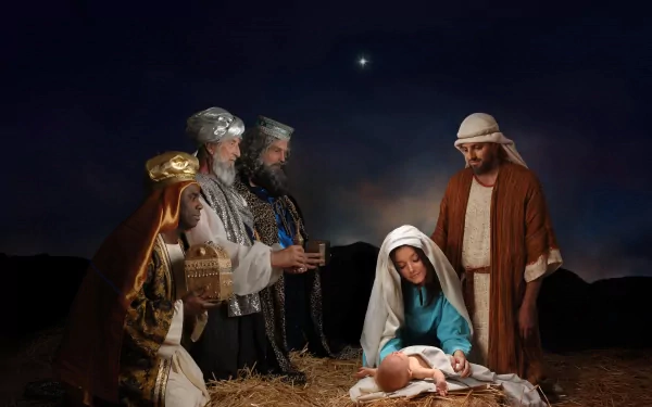 HD desktop wallpaper featuring a nativity scene with the holy family and three wise men under a star-lit sky, evoking the spirit of Christmas and the holiday season.