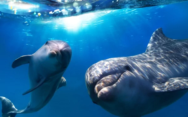 HD desktop wallpaper featuring two dolphins swimming gracefully underwater with sunlight filtering through the water.