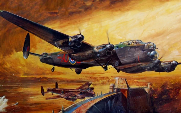 HD PC desktop wallpaper featuring a dramatic military aircraft scene with vintage warplanes flying over a cityscape under a fiery sky.