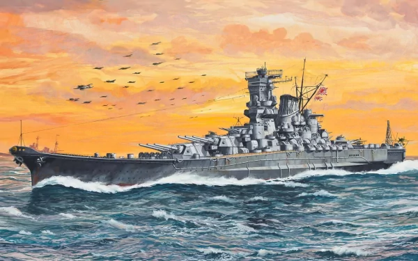 HD PC desktop wallpaper featuring a detailed military battleship sailing through choppy waters under a vibrant orange sky with a formation of planes overhead.