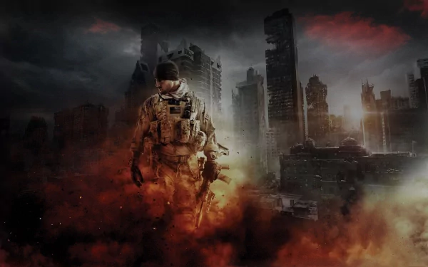HD PC desktop wallpaper featuring a soldier from the video game Medal of Honor: Warfighter amidst a smoky, war-torn urban battlefield.