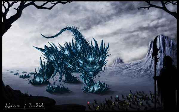 HD PC desktop wallpaper of the video game Rift: a massive crystalline blue beast rises from a frozen rift across a barren battlefield as tiny armored figures watch from the foreground.