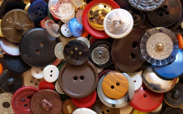 HD desktop wallpaper featuring a close-up of an assortment of colorful man-made buttons in various sizes and textures densely arranged as a vibrant background.