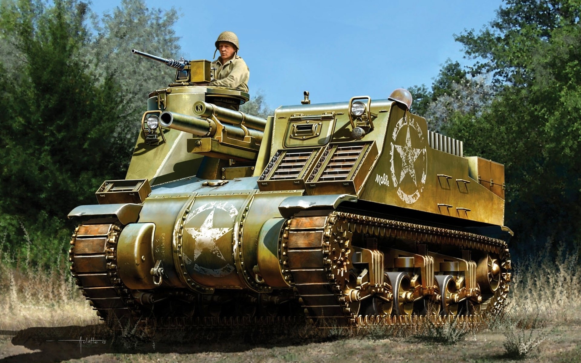 HD military desktop wallpaper depicting a detailed tank with soldiers in a natural outdoor setting under a clear blue sky.