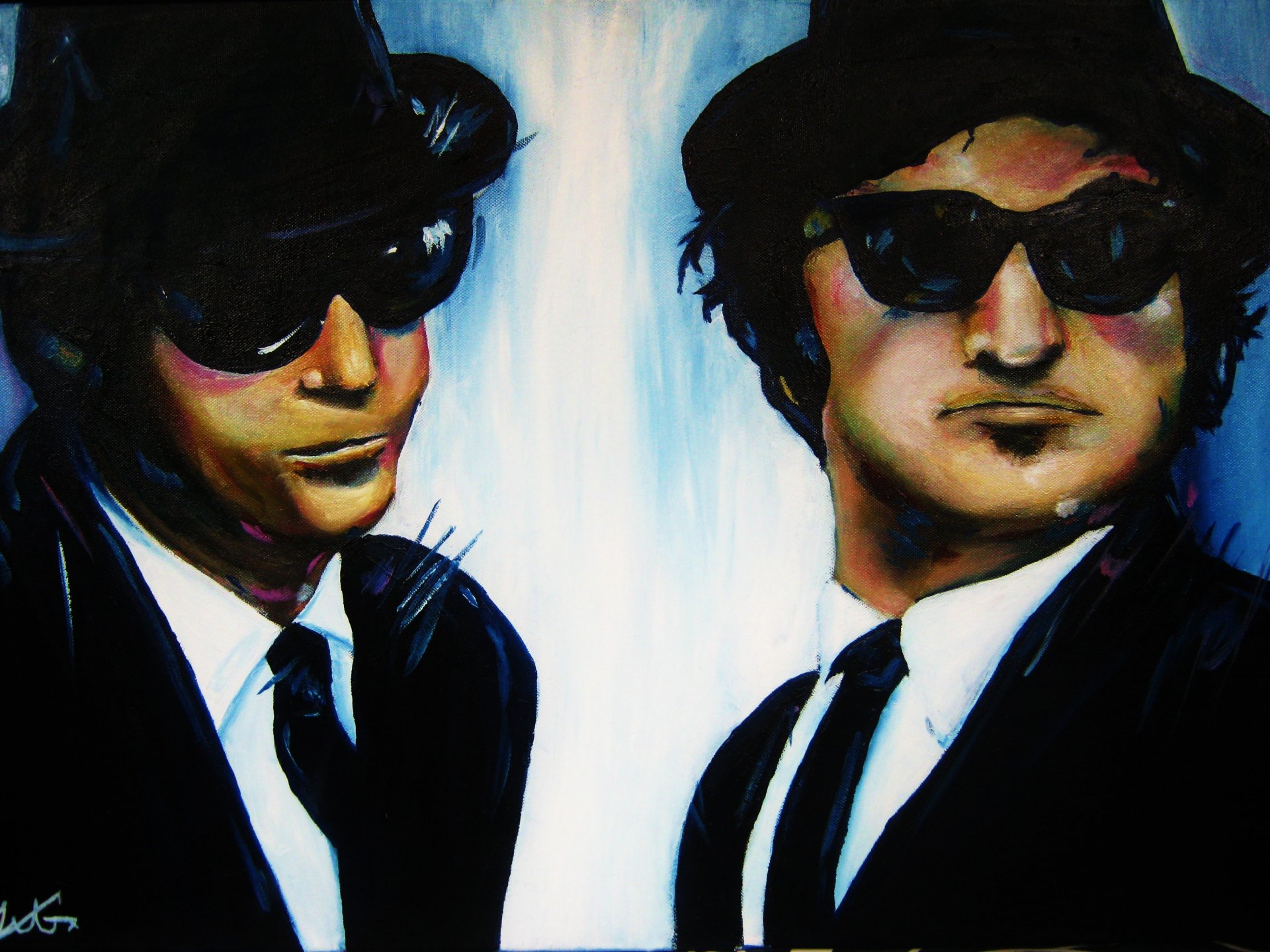 HD PC desktop wallpaper featuring a stylized painting of The Blues Brothers from the iconic movie, showcasing the characters in dark suits and sunglasses.