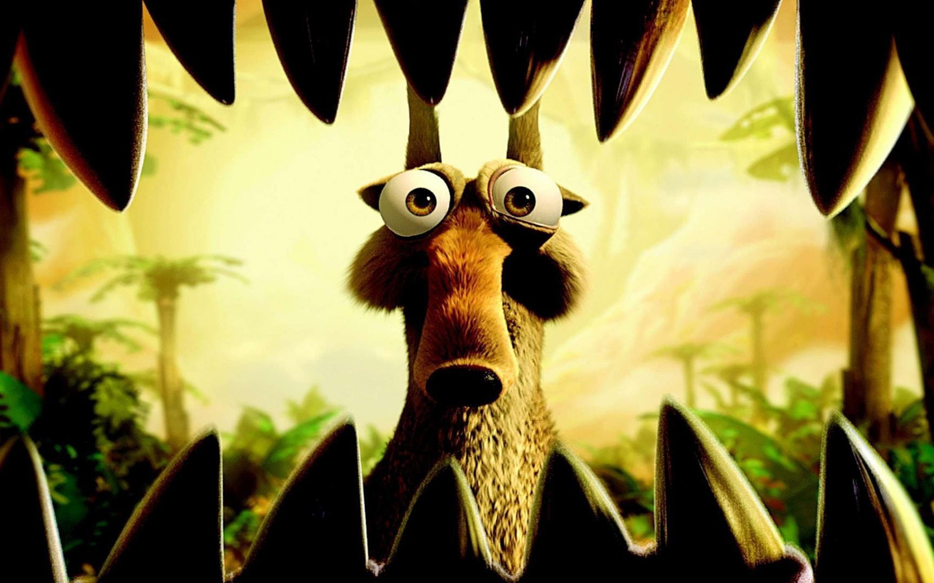 HD desktop wallpaper from the movie Ice Age: Dawn of the Dinosaurs, showing Scrat's surprised face framed by large dinosaur teeth.