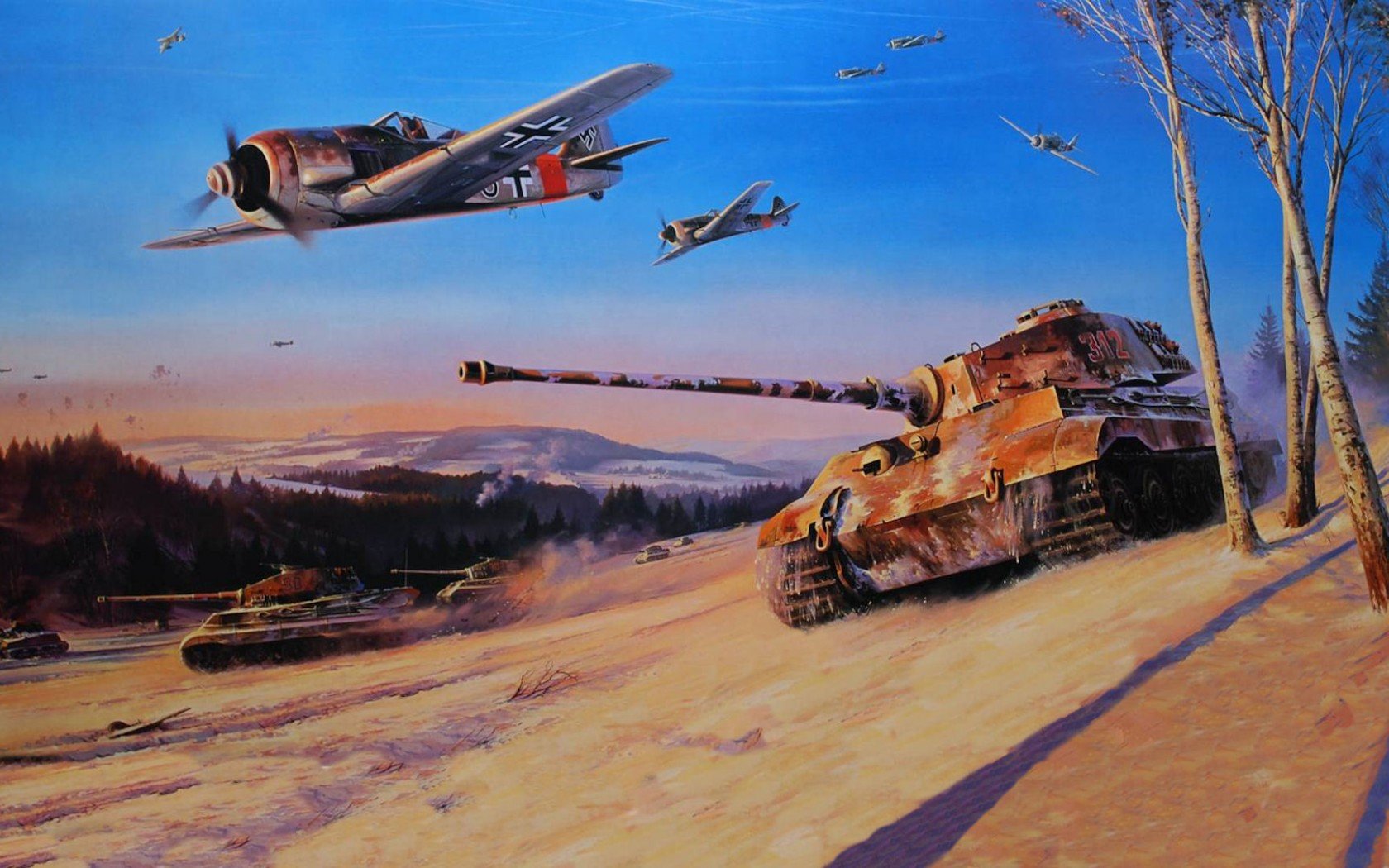 A detailed HD wallpaper depicting a military scene with tanks and fighter planes soaring above a winter landscape, capturing the intensity of aerial and ground warfare.