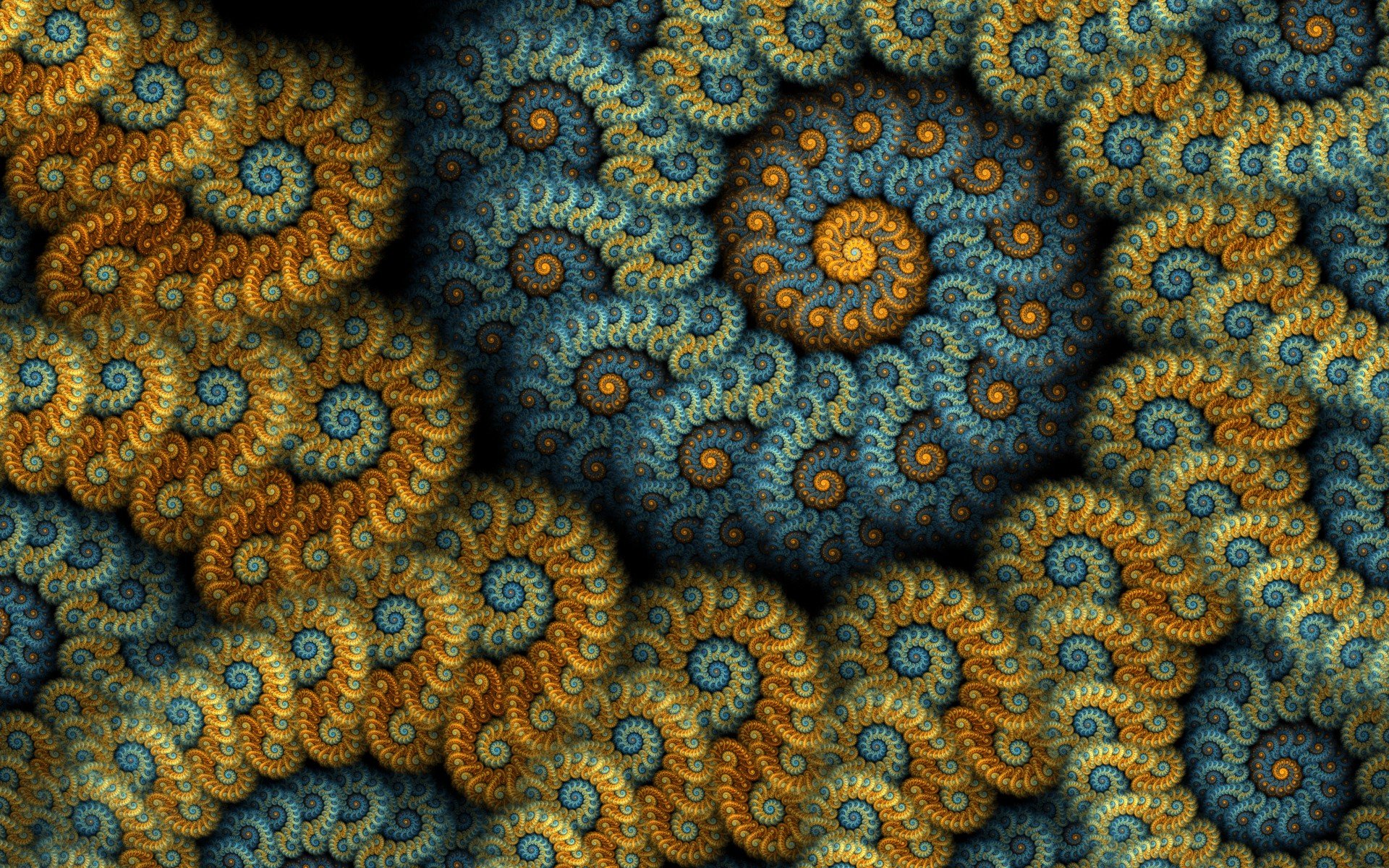 Abstract fractal of intertwined golden and teal spiral shells forming repeating paisley-like patterns — HD PC desktop wallpaper background.
