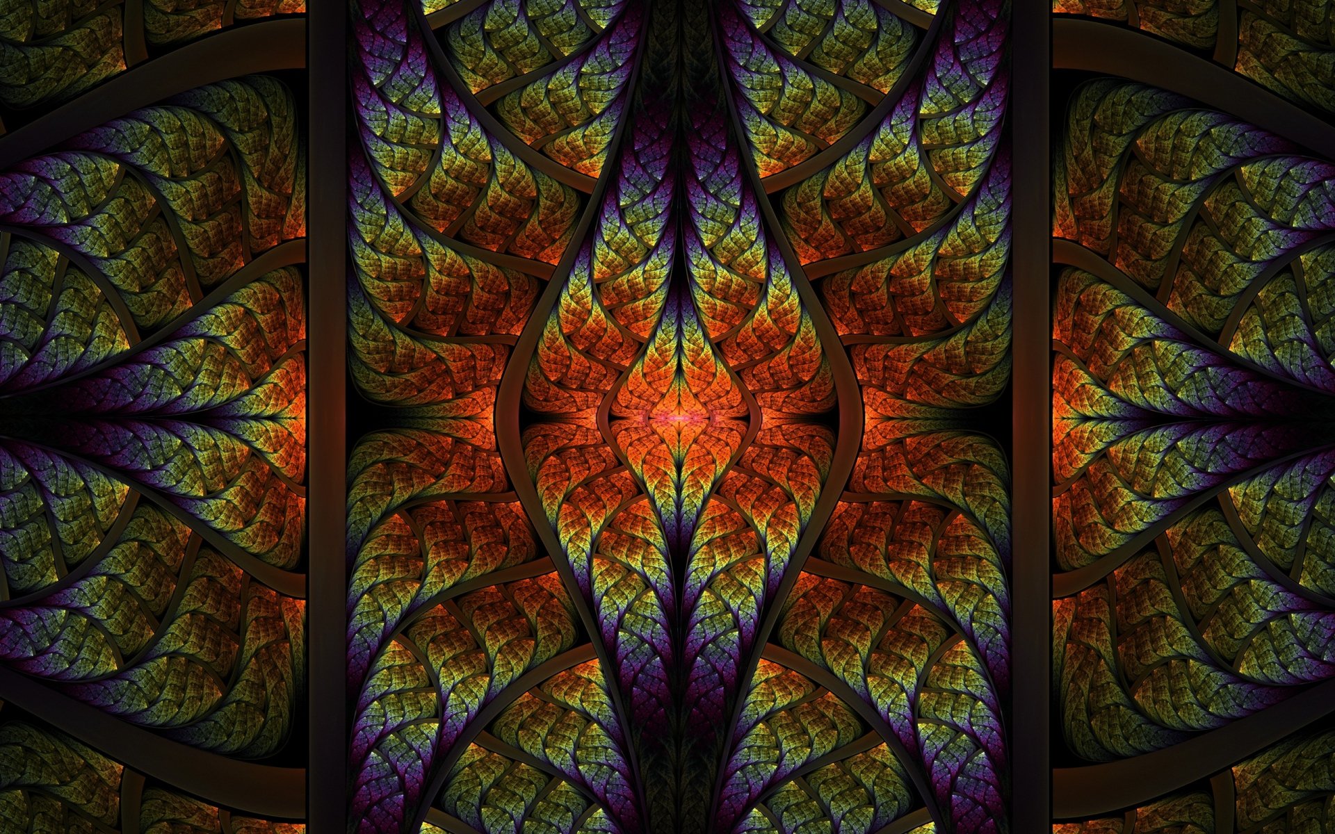 HD abstract fractal design with vibrant autumn colors, forming symmetrical leaf-like patterns, creating a striking and intricate PC desktop wallpaper background.