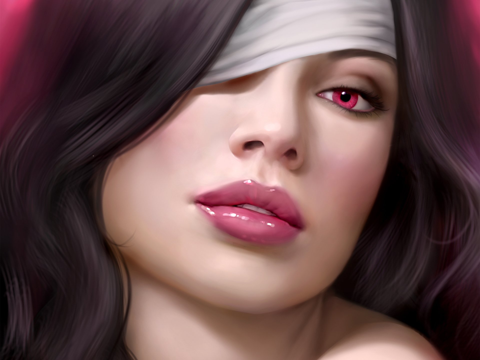 Artistic depiction of a woman with long dark hair and striking red eyes, partially obscured by a blindfold. This high-definition image serves as a captivating desktop wallpaper background.
